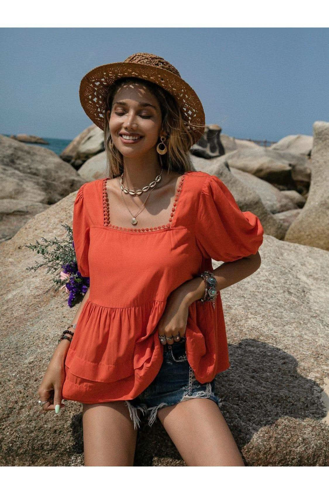 Beach Bound Peplum Square Neck Short Sleeve Blouse - SwagglyLife Home & Fashion